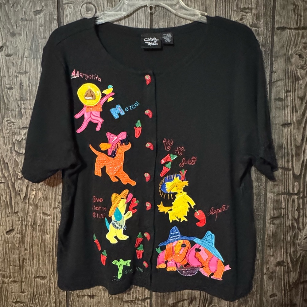 Christine Rotelli Black Embellished Chili Pepper Dog Shirt Southwestern